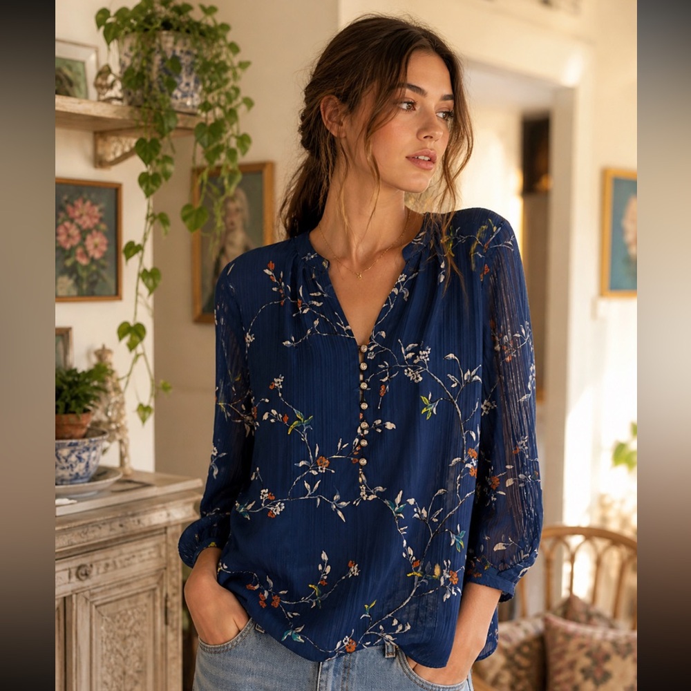 White House black market navy floral pleated chiffon Button-Front Navy Blouse M